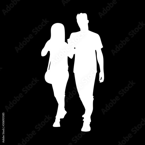 Tall sporty man and woman taking a walk together. White silhouette isolated on black background. Front view. Monochrome vector illustration of couple of young people walking. Concept.