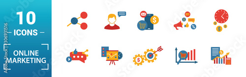 Online Marketing icon set. Include creative elements email marketing, mobile marketing, referral, marketing plan, social icons. Can be used for report, presentation, diagram, web design