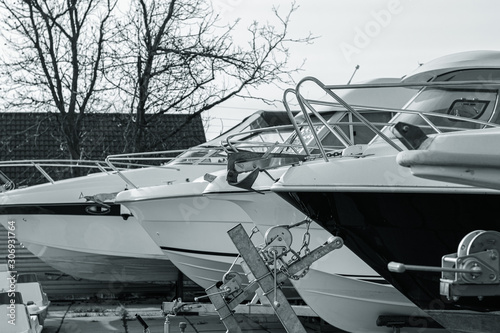 Boats storage. Motor yachts are in storage. Parking for large boats