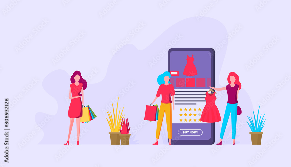 Naklejka premium Flat vector. Young woman shop online using smartphone.