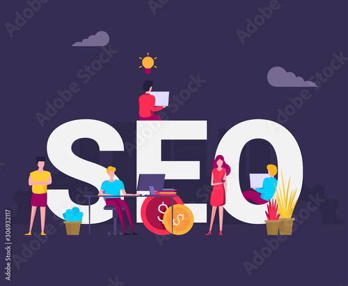 Flat design modern vector illustration concept of SEO word combined from elements and icons which symbolized a success internet searching optimization process. Concept with people, letters and icons.