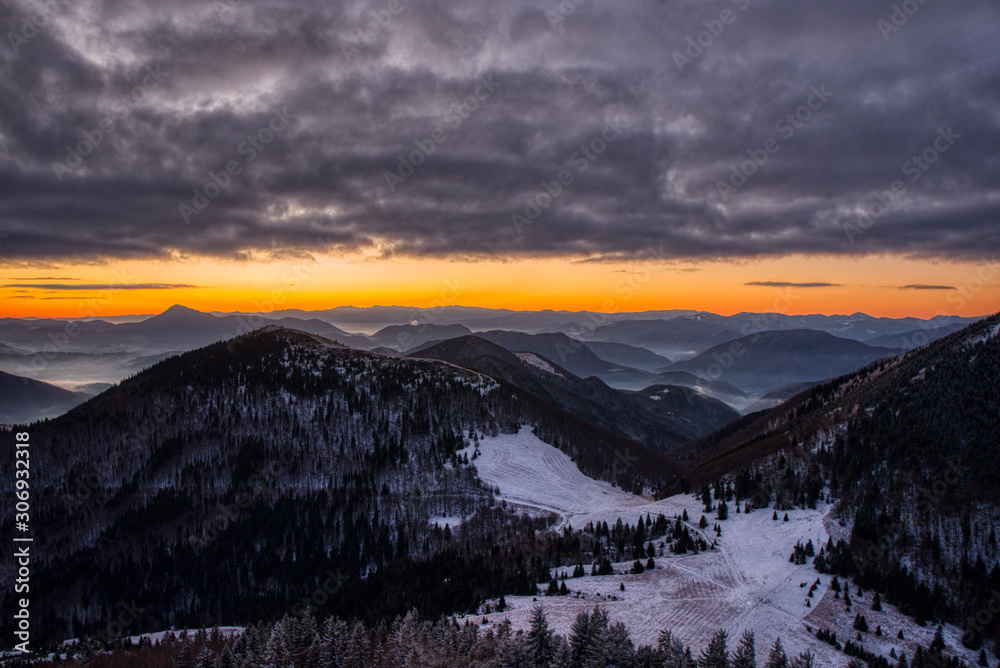 Fototapeta premium sunrise in winter in mountains with beautiful sky, Slovakia Velky Rozsutec