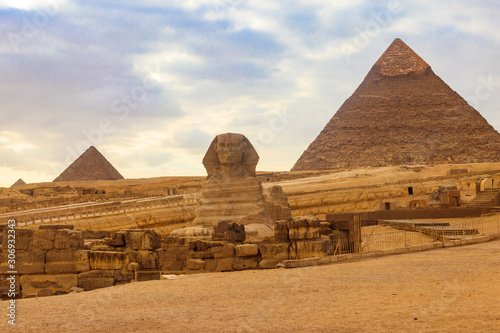 Egyptian Great Sphinx and pyramids of Giza in Cairo  Egypt