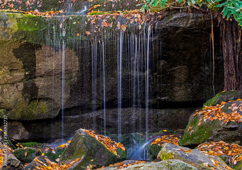 In fall, a waterfall slowly trickles over a boulder in the Smokies.