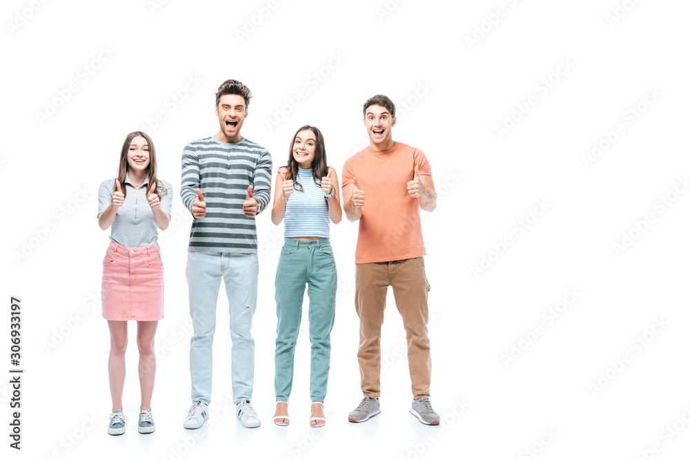 Obraz premium excited friends yelling and showing thumbs up isolated on white