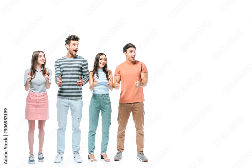 Obraz premium surprised friends screaming and showing thumbs up isolated on white