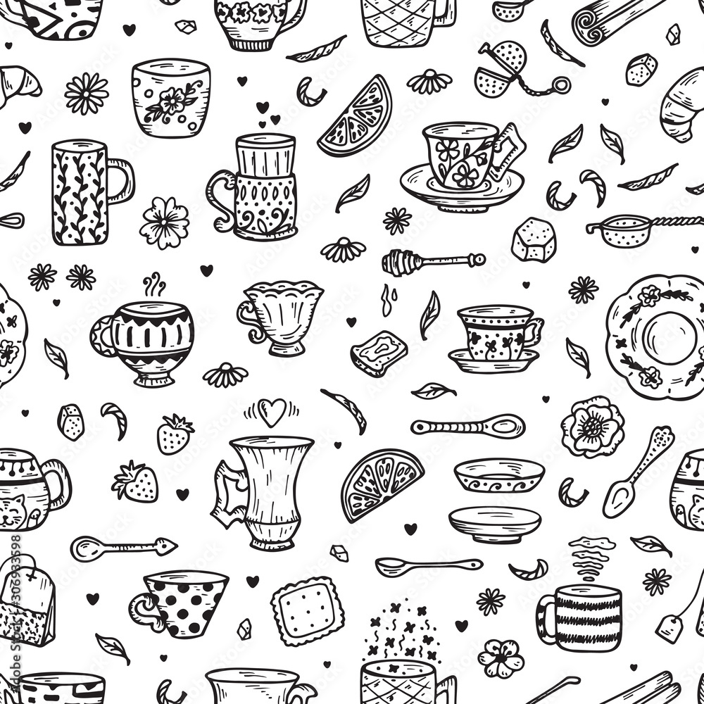 Hand Drawn doodle Coffee Cups or Tea Cups and Different additives for tea drinking - Vector Seamless Pattern