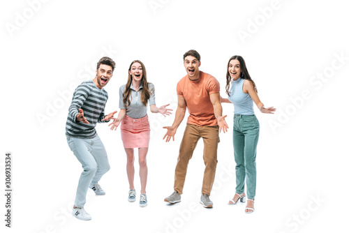 excited friends shouting and celebrating triumph, isolated on white