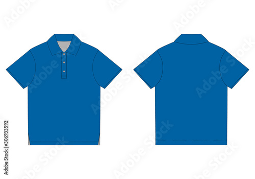 Polo t-shirt design template in blue colors. Front and back technical sketch