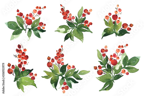 Christmas watercolor set of bouquet arrangings with holly berries and green leaves