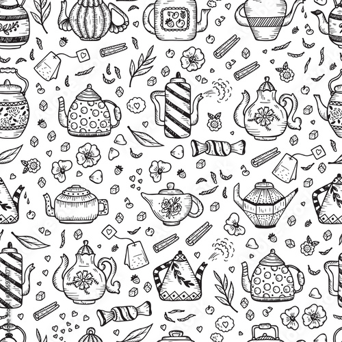 Tea Time. Crockery and sweets food. Hand Drawn Doodle Different Teapots and additives for tea Vector Seamless pattern