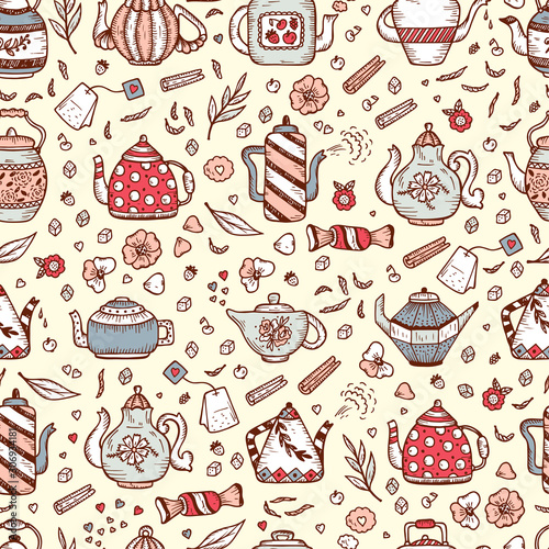 Tea Time. Crockery and sweets food. Hand Drawn Doodle Different Teapots and additives for tea Vector Seamless pattern