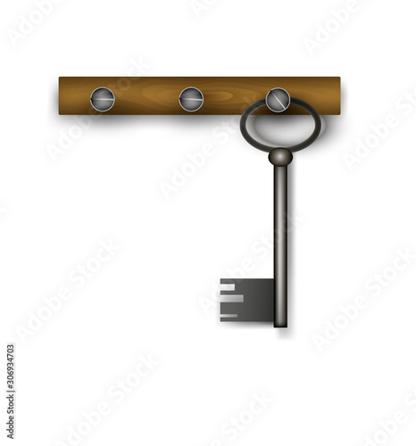 key hanging on the wooden plank on the white background,