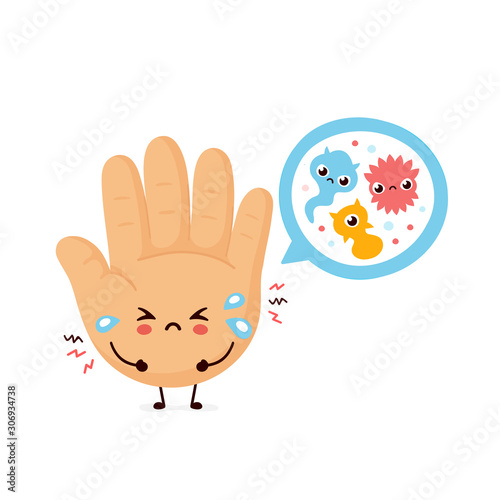 Cute sad human hand and microscopic bacterias