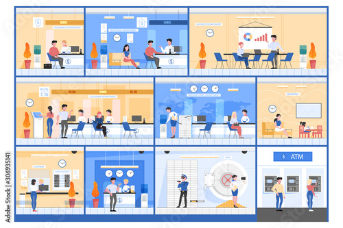 Bank office concept. People make financial operations in diffrents departments.