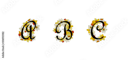 Vector spring narcissus flower alphabet. Old gothic style. Realistic lettering, yellow and white color. Summer and spring cute colors. Romantic and fresh. A, B, C letters photo