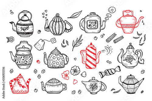 Tea Time. Hand Drawn Doodle Different Teapots and additives for tea Vector Set