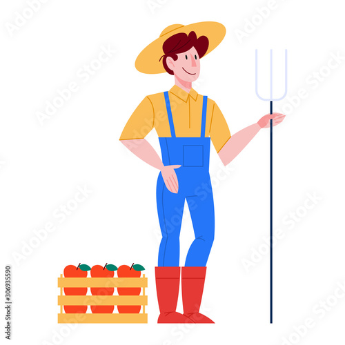 Farmer wearing a hat and overalls and holding a pitchfork