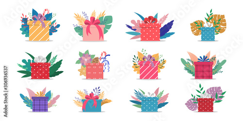 Set of cute gift boxes with ribbons and bows. Wrapped with colorfull papper.
