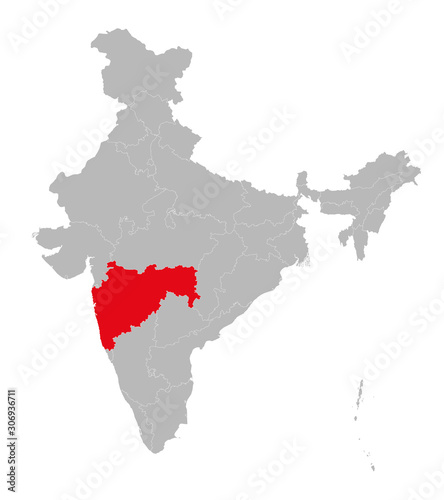 Maharashtra marked red on india map vector illustration