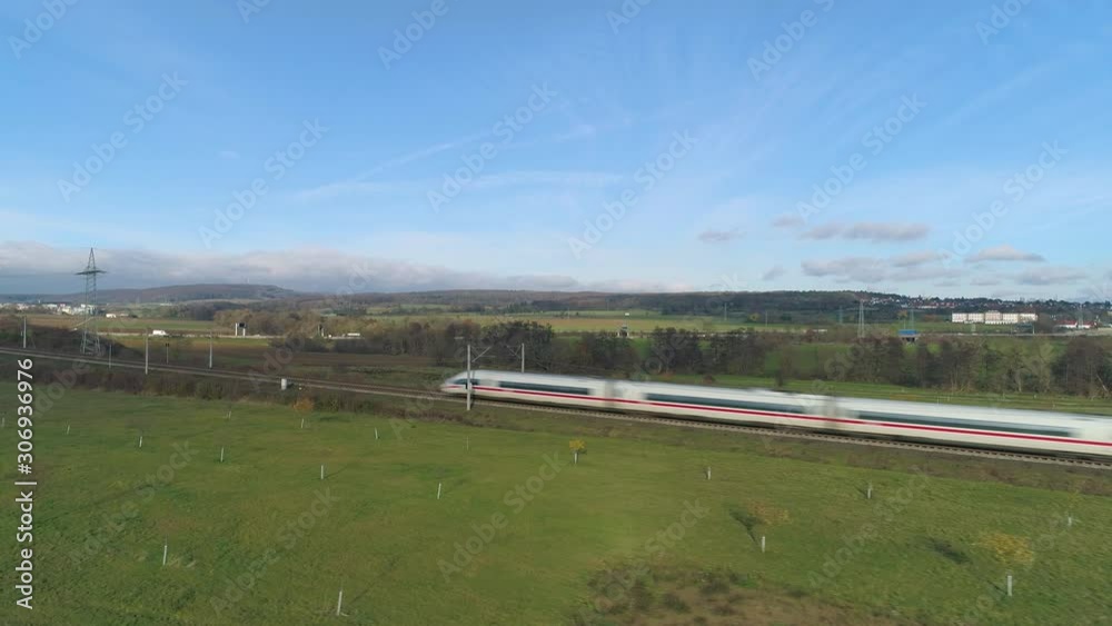 Aerial view, drone footage of passing highspeed train