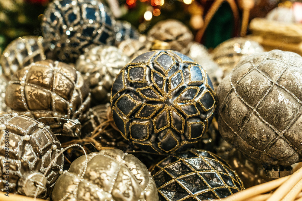 Christmas decorations on the Christmas tree close-up. Bright balls on the Christmas tree Christmas decorations on the Christmas tree close-up. Bright balls on the Christmas tree