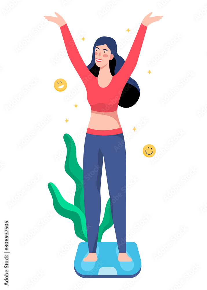 Beautiful slim woman standing on bathroom scales.