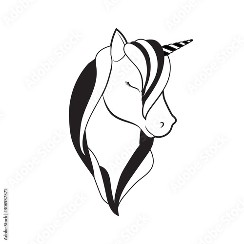 Unicorn head isolated. Magical animal. Vector artwork. Black and white logo unicorn cartoon style . Monochrome unicorn character icon.