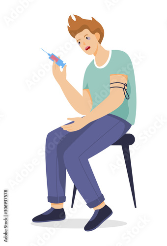 Drug addicted person. Guy holding a syringe, making a incision.