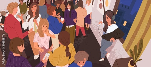 Discomfort in crowd flat vector illustration. Lonely introvert girl among people. Mental health, psychology, psychological problems. Communication difficulties idea. Social anxiety.