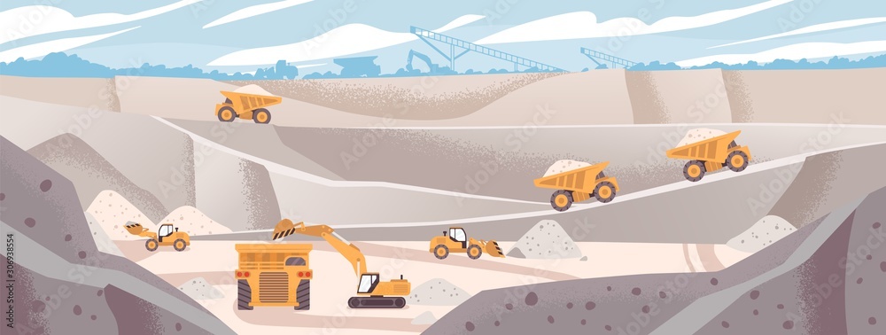 Quarry landscape flat vector illustration. Marble mining concept. Industrial machinery and transport. Excavators and dump trucks at opencast. Mine production, stone quarrying process. - obrazy, fototapety, plakaty 