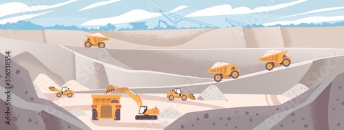 Quarry landscape flat vector illustration. Marble mining concept. Industrial machinery and transport. Excavators and dump trucks at opencast. Mine production, stone quarrying process. photo