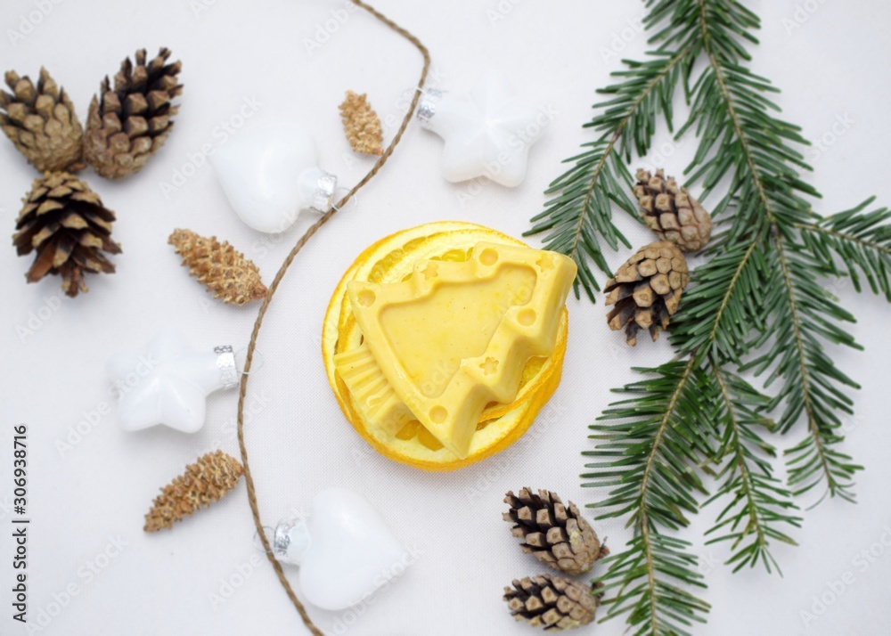 Pine tree homemade soap. Christmas tree soap. Homemade orange soap. Soap for Christmas gift Pine tree homemade soap. Christmas tree soap. Homemade orange soap. Soap for Christmas gift