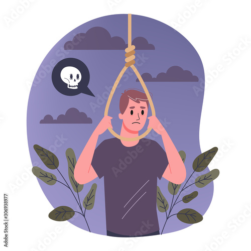 Vector illustratiion of sad man think about suicide by hanging.