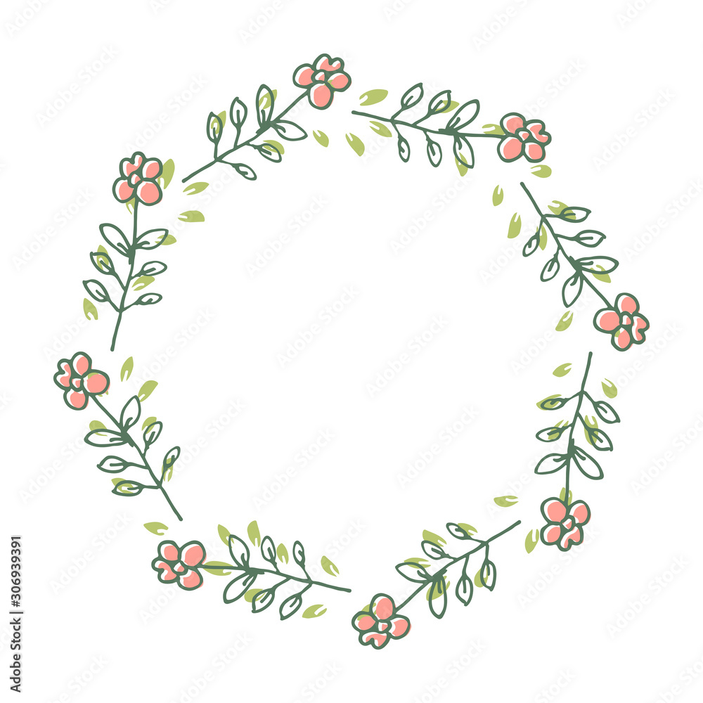 Decorative wreath of flowers and leafs. Cute doodle wreath isolated on white background.