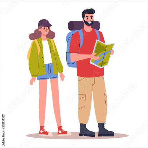 Vector illustration of tourist with a map. Family trip.