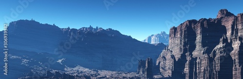 Canyon panorama, stone desert, mountain landscape. 3d rendering.