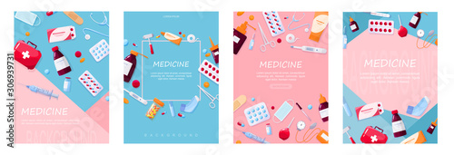 Healthcare and medical treatment concept. Collection of pharmacy drug.