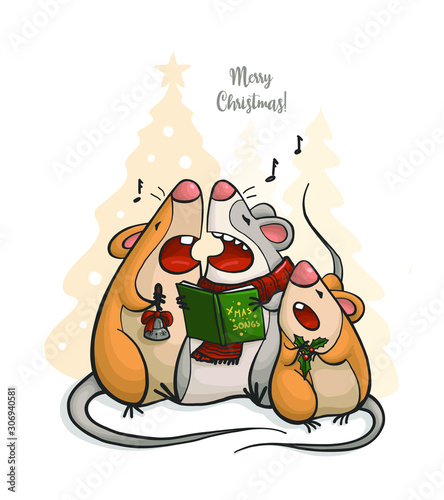 Rats singing Christmas songs. The symbol of the new year. Figures of Christmas trees, forest, rat, songs, song book, bell, scarf, star. Holiday card
