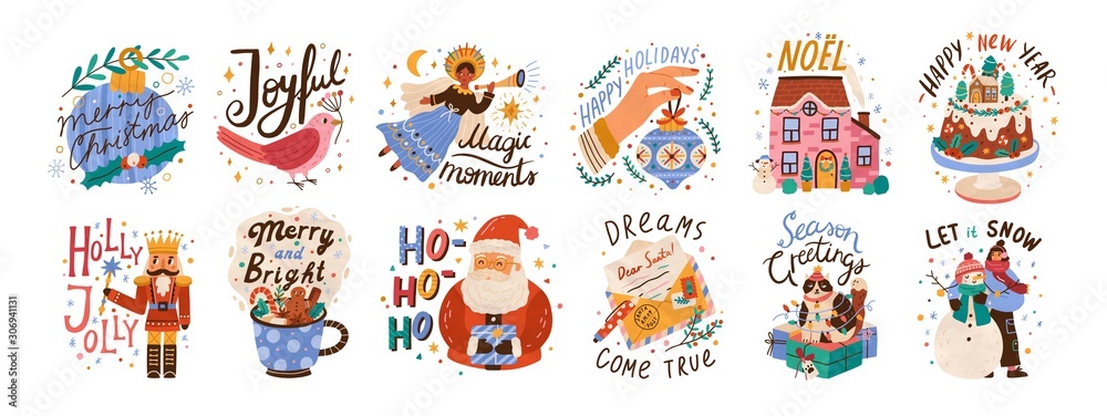 New year lettering compositions set. Colorful festive vector illustrations collection. Merry christmas calligraphy. Seasonal Xmas greetings bundle. Happy holidays. Let it snow typography. - obrazy, fototapety, plakaty 