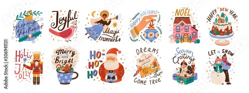 New year lettering compositions set. Colorful festive vector illustrations collection. Merry christmas calligraphy. Seasonal Xmas greetings bundle. Happy holidays. Let it snow typography.