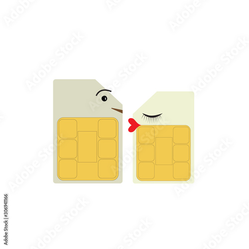 Phone dating. Two SIM cards of mobile communication in the form of a man and a woman. Love concept on the Internet. Isolate on white background