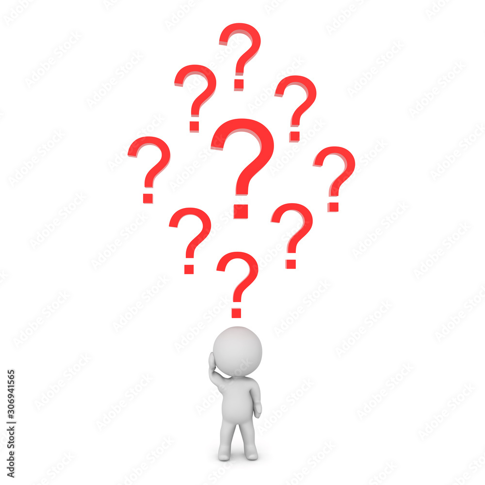 3D Character with many question marks above him