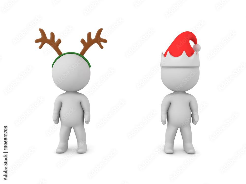Two 3D Characters, one is wearing reindeer antlers the other santa hat Two 3D Characters, one is wearing reindeer antlers the other santa hat