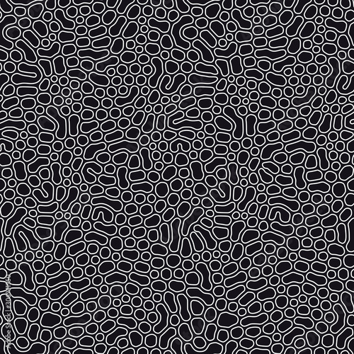 Organic seamless pattern with rounded shapes. Diffusion reaction background. Irregular stone effect design. Abstract vector illustration in black and white.