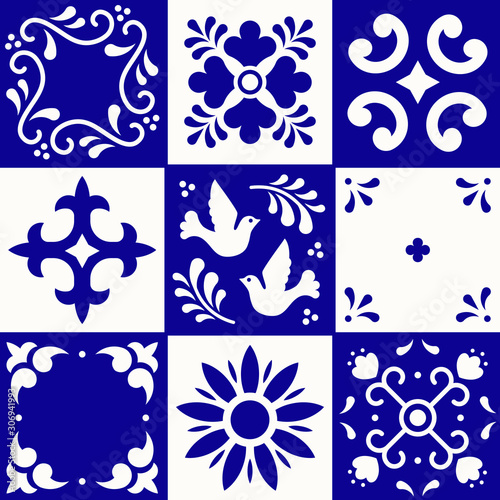 Mexican talavera pattern. Ceramic tiles in traditional style from Puebla. Mexico floral mosaic in blue and white. Folk art design.