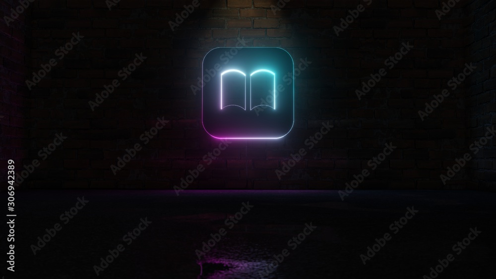 3D rendering of blue violet neon symbol of iBook icon on brick wall 3D rendering of blue violet neon symbol of iBook icon on brick wall