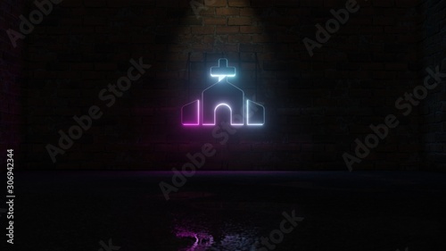 3D rendering of blue violet neon symbol of church icon on brick wall