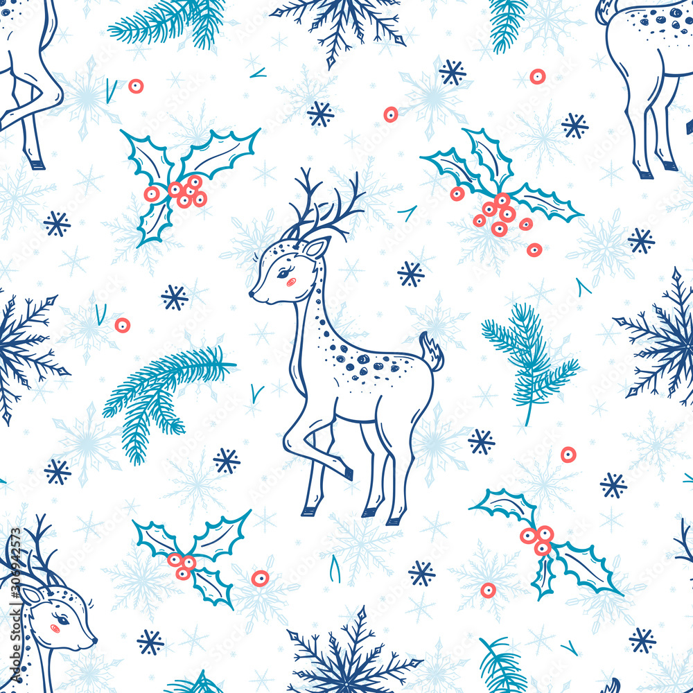 Cute Reindeer with Holly Berries and Leaves and Fir Tree Branches Vector Background. Christmas Seamless Pattern with Hand Drawn Doodle Cartoon Deers. Winter Holidays, Christmas and New Year Design Cute Reindeer with Holly Berries and Leaves and Fir Tree Branches Vector Background. Christmas Seamless Pattern with Hand Drawn Doodle Cartoon Deers. Winter Holidays, Christmas and New Year Design
