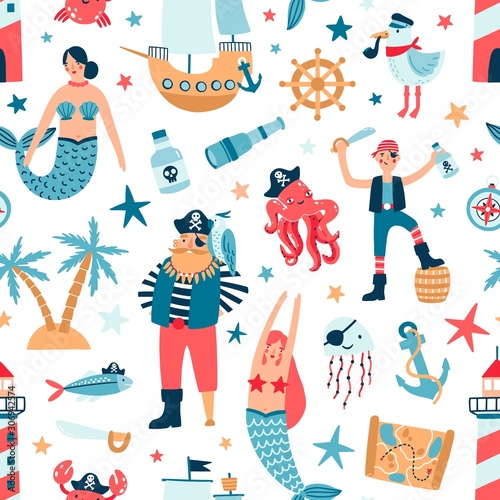 Pirate sea flat vector seamless pattern. Marine backdrop. Underwater world inhabitants. Pirate, mermaid and octopus cartoon texture. Island with palm tree, anchor on white background.